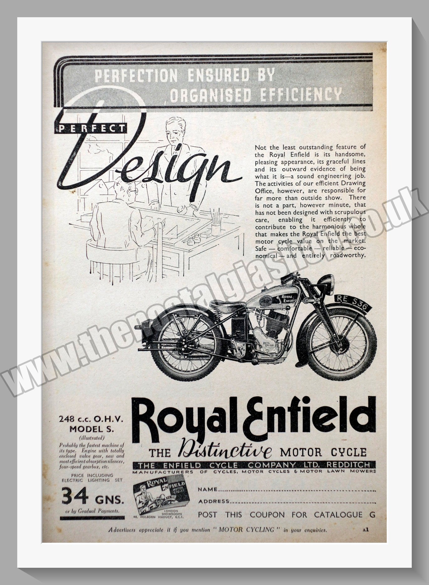 Royal Enfield 248cc Model S Motorcycle. Original Advert 1936 (ref AD56999)