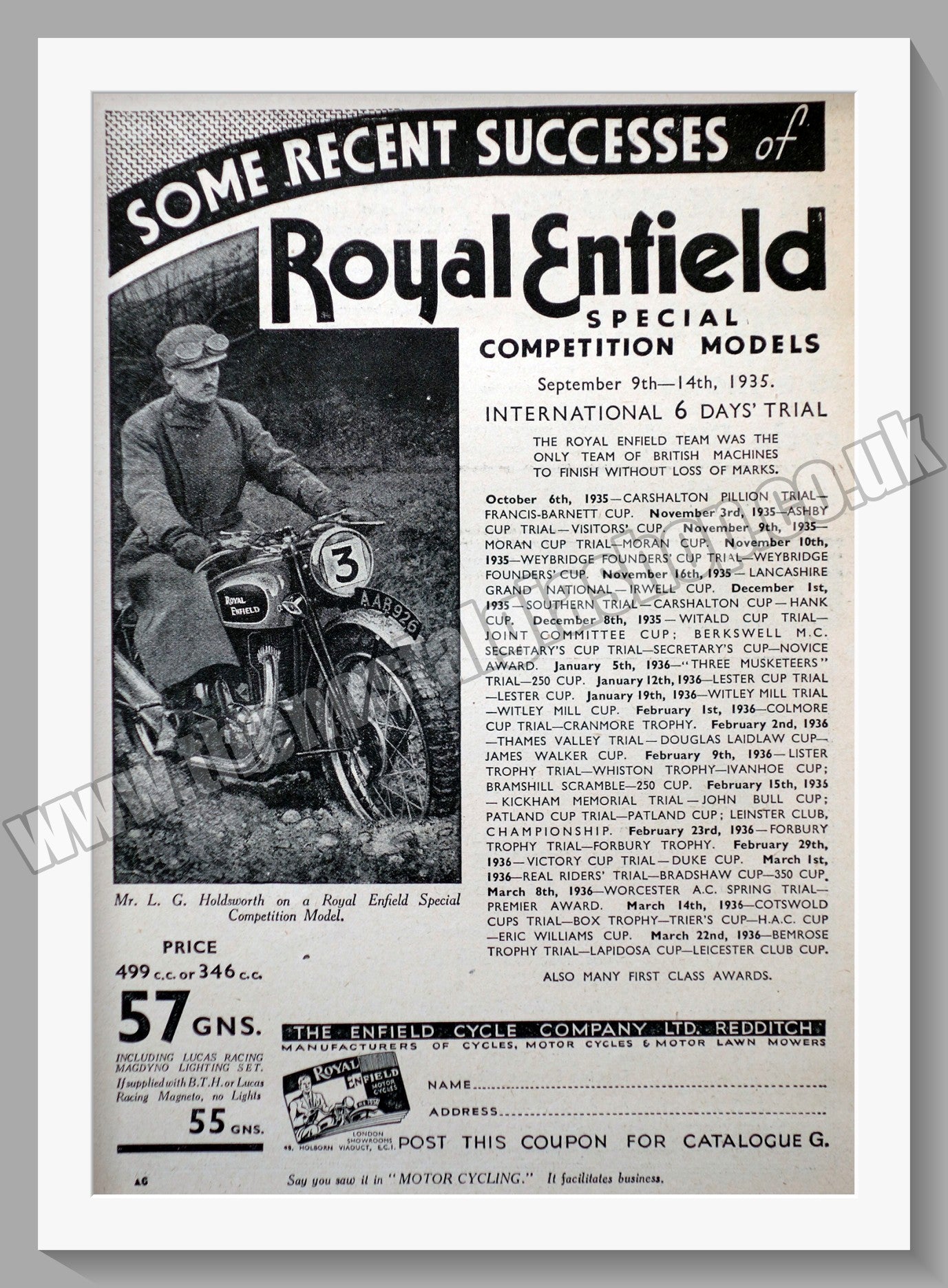 Royal Enfield 500cc Motorcycle. 6 Days Trial. Original Advert 1936 (ref AD57000)