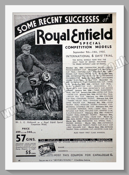 Royal Enfield 500cc Motorcycle. 6 Days Trial. Original Advert 1936 (ref AD57000)