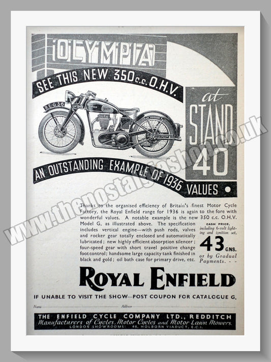 Royal Enfield 350cc Motorcycle at the Olympia. Original Advert 1935 (ref AD57003)