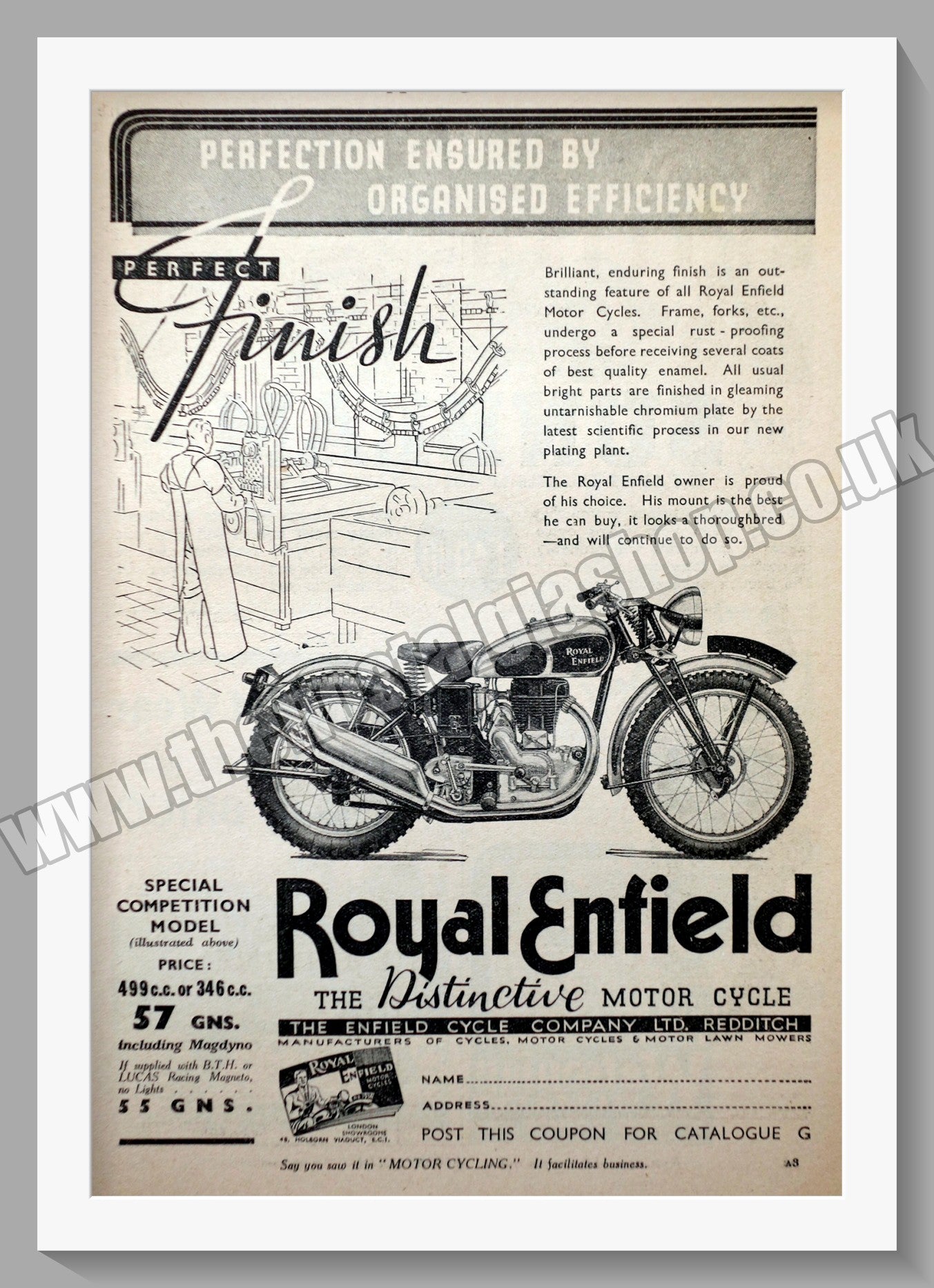 Royal Enfield 500cc Motorcycle. Original Advert 1936 (ref AD57006)