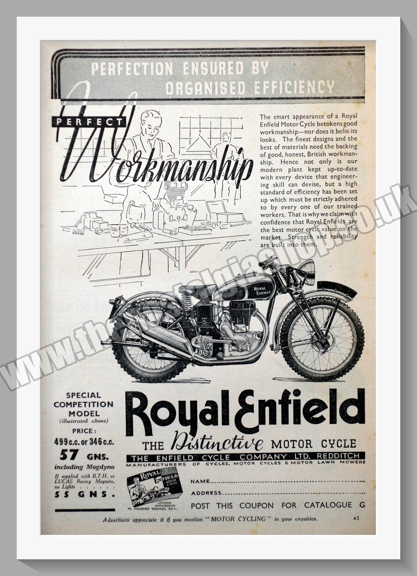 Royal Enfield 500cc Motorcycle. Original Advert 1936 (ref AD57007)
