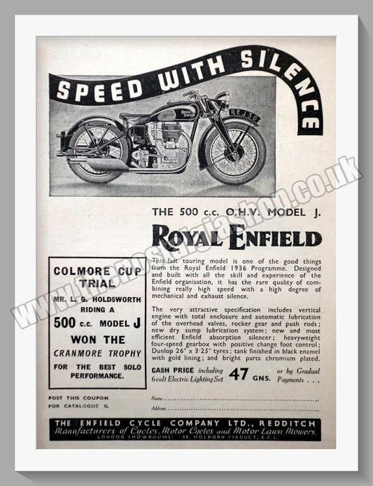 Royal Enfield 500cc Motorcycle. Original Advert 1936 (ref AD57008)