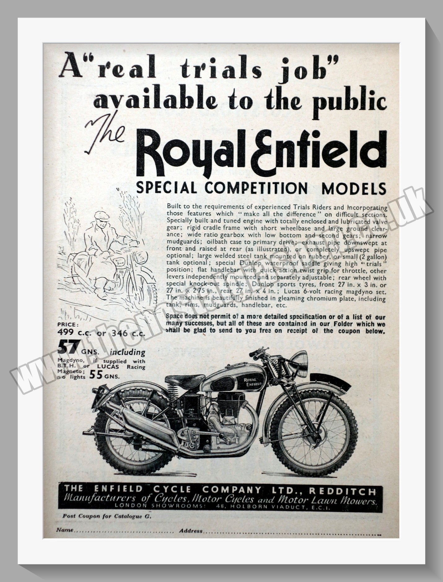 Royal Enfield 500cc Motorcycle. Original Advert 1936 (ref AD57009)