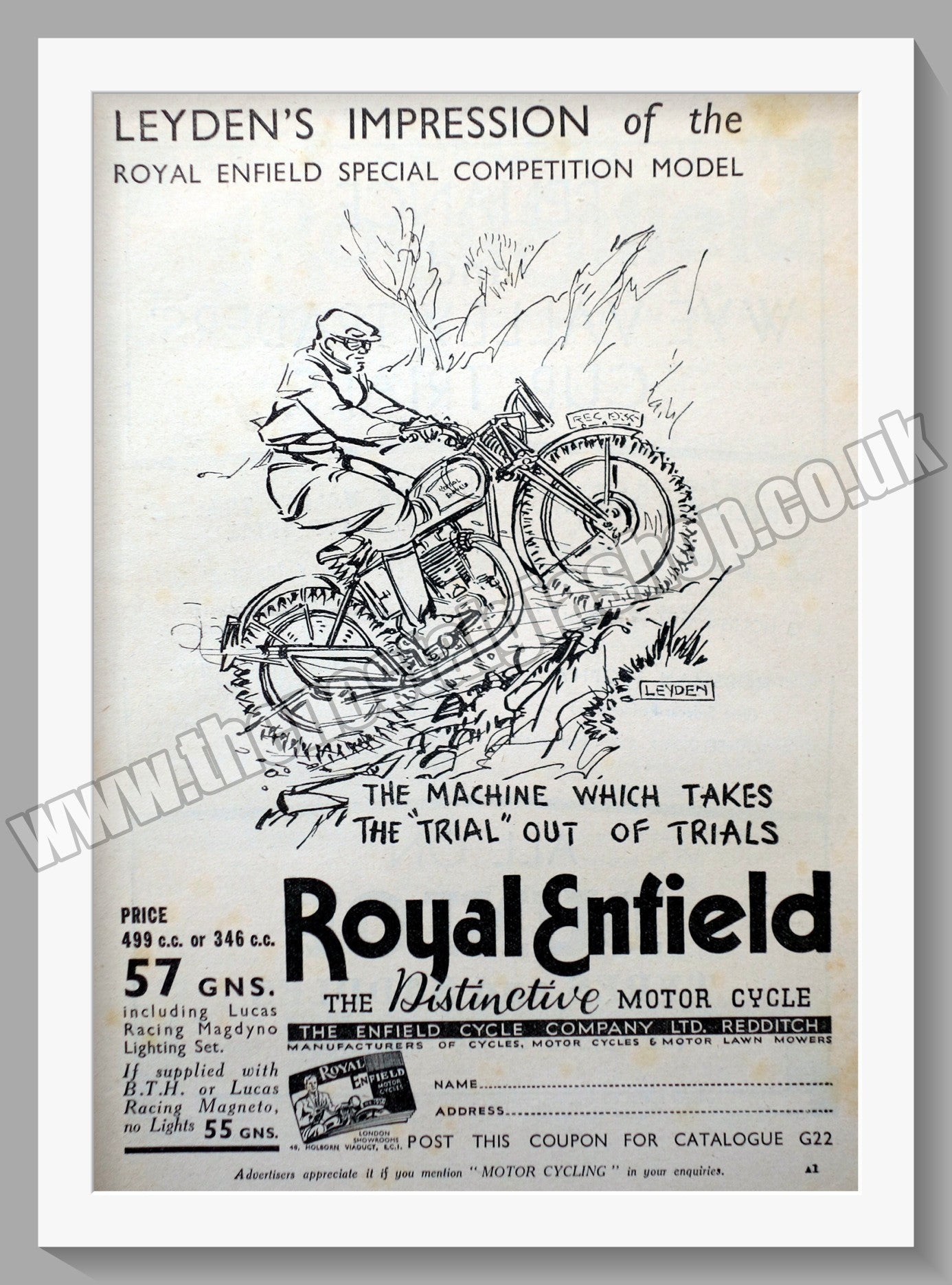 Royal Enfield 500cc Motorcycle. Trials Bike. Original Advert 1936 (ref AD57010)