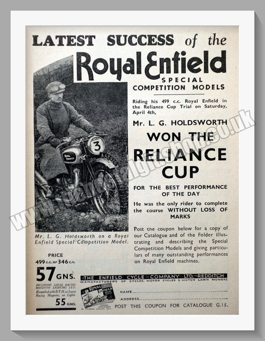 Royal Enfield 500cc Motorcycle. Win Reliance Cup. Original Advert 1936 (ref AD57011)