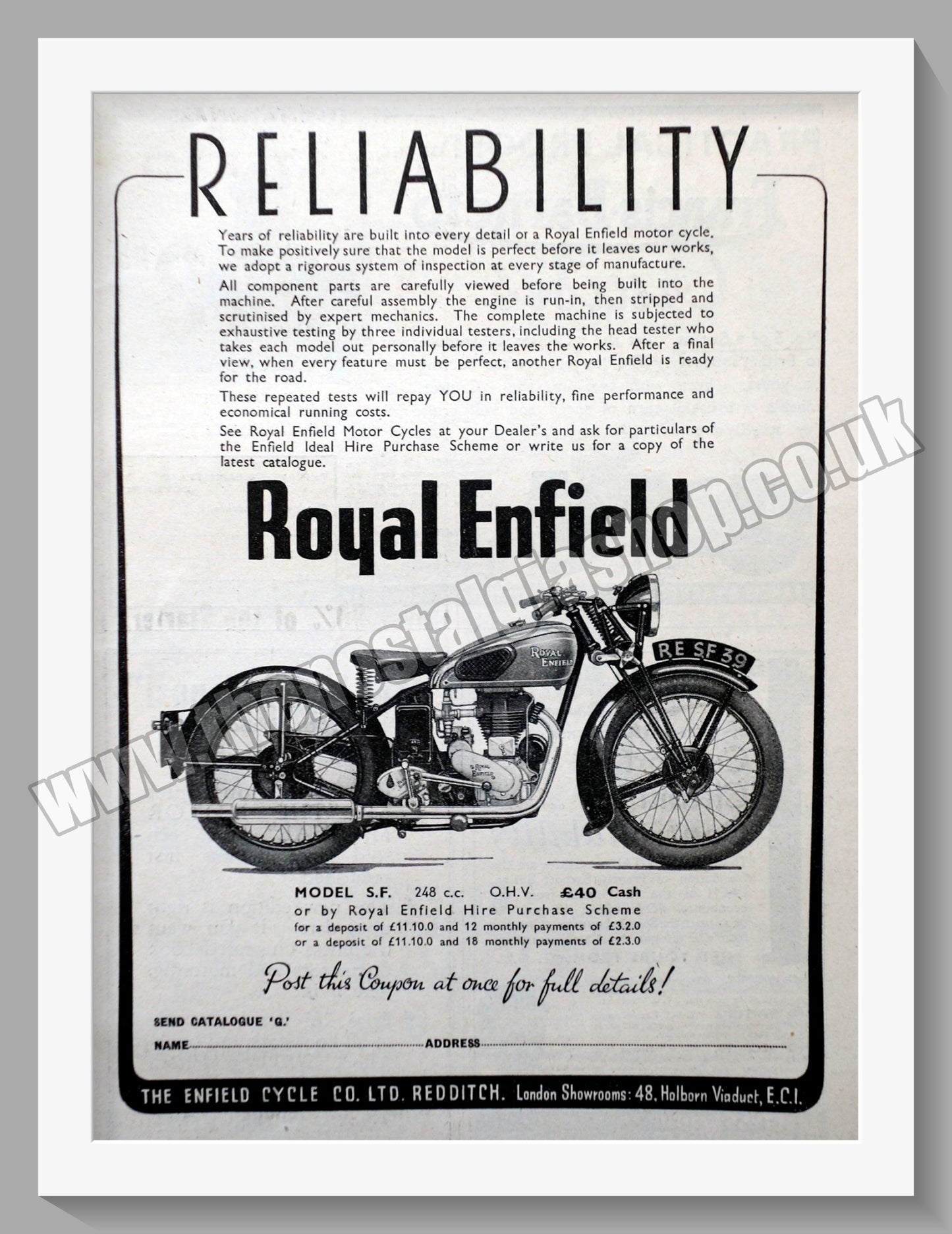 Royal Enfield 248cc Motorcycle. Reliability. Original Advert 1939 (ref AD57012)