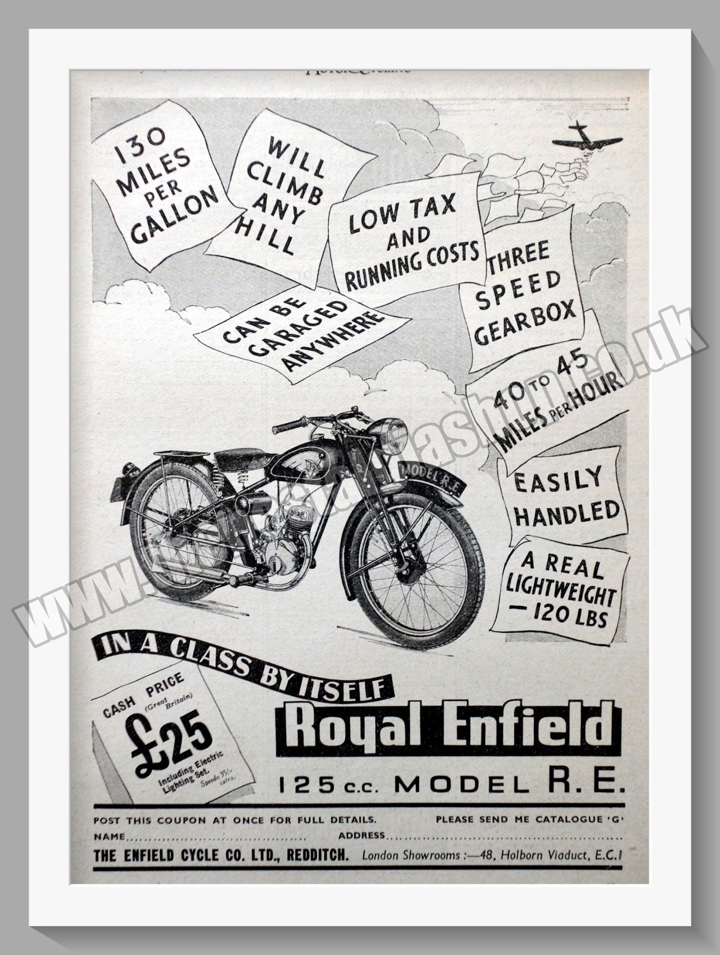 Royal Enfield 125cc Model R.E. Motorcycle. Original Advert 1940 (ref AD57013)