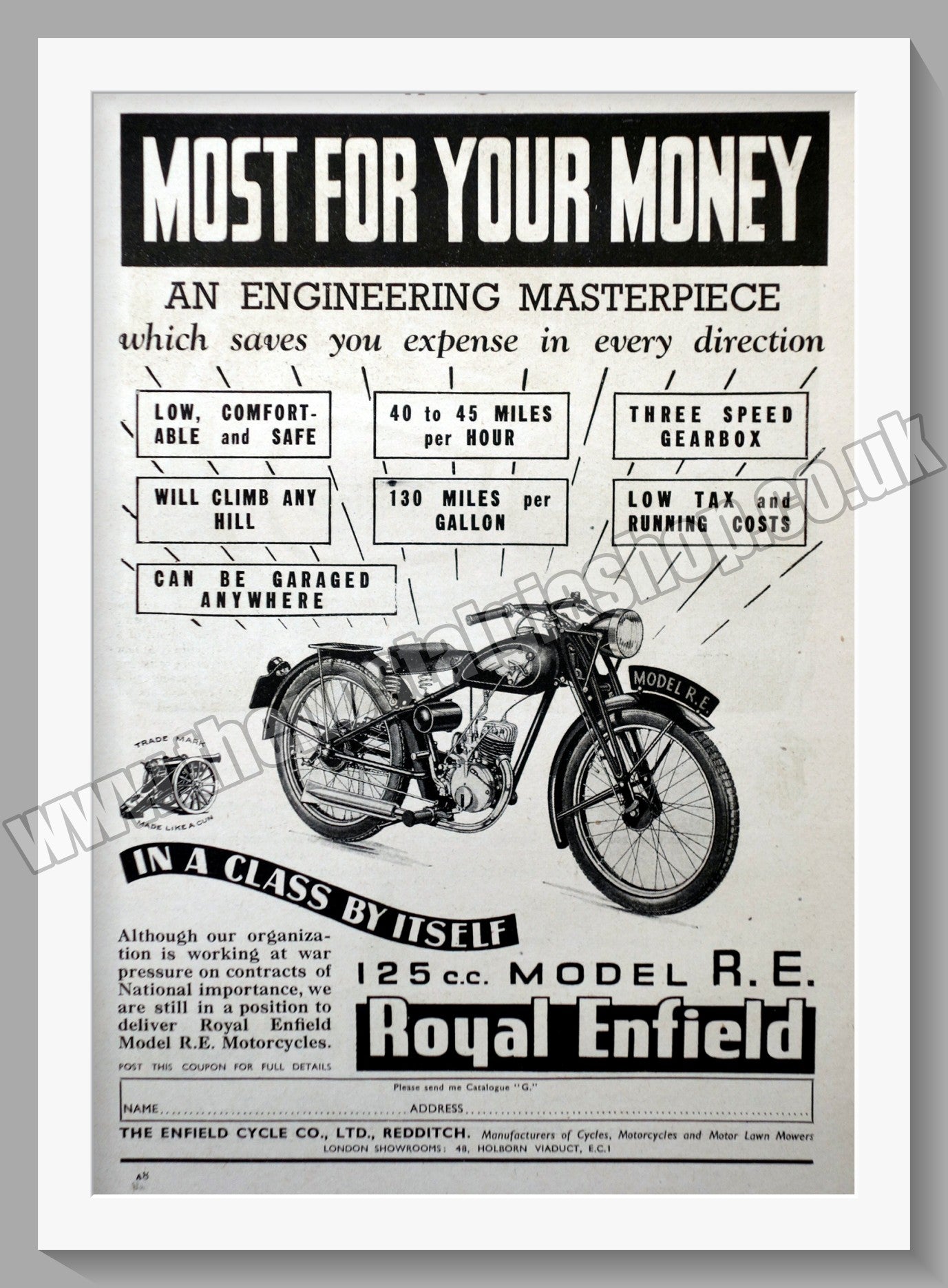 Royal Enfield 125cc Model R.E. Motorcycle. Original Advert 1940 (ref AD57014)