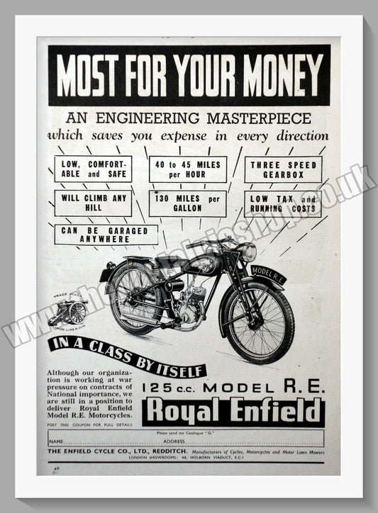 Royal Enfield 125cc Model R.E. Motorcycle. Original Advert 1940 (ref AD57014)