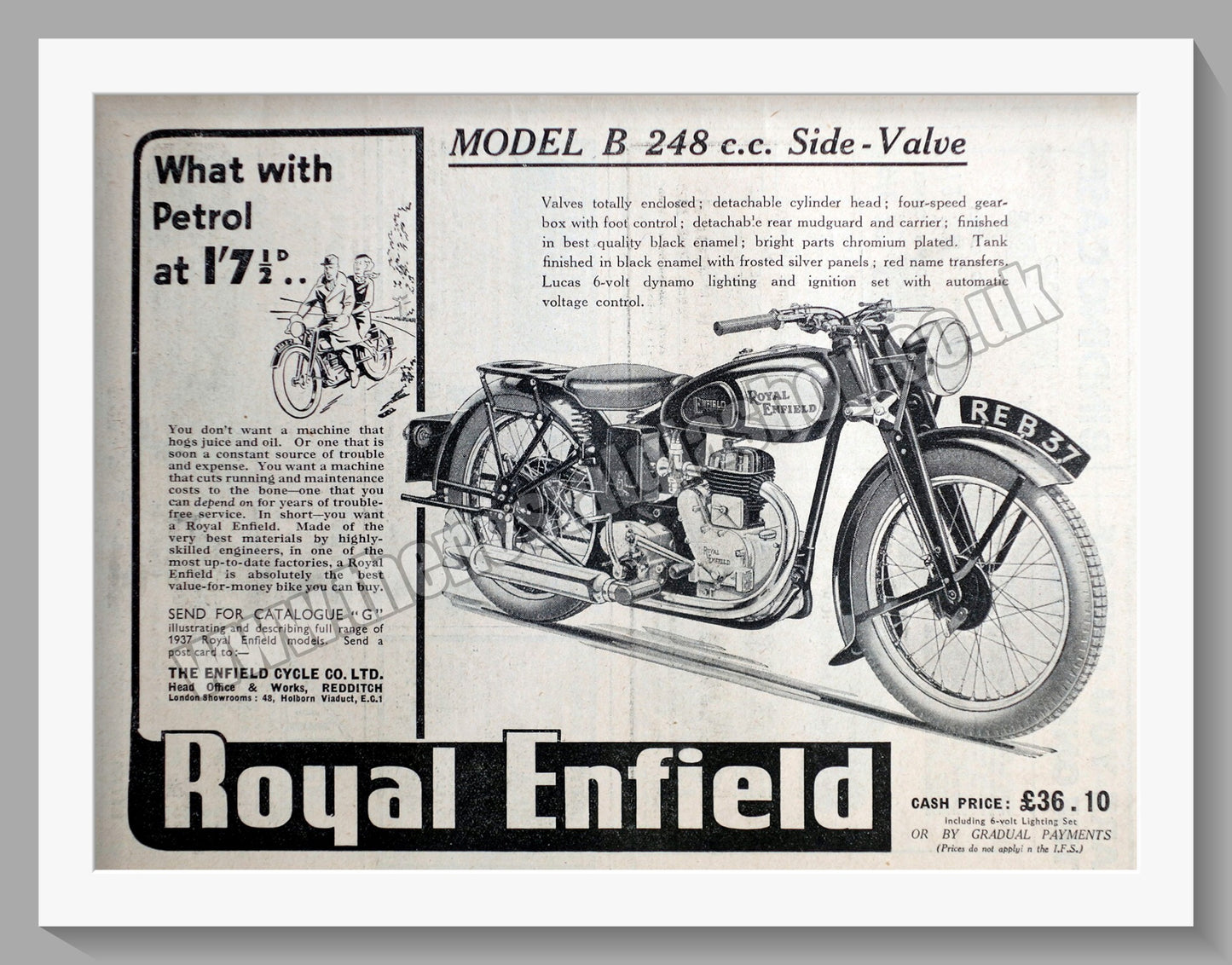 Royal Enfield 248cc Model B. Motorcycle. Original Advert 1937 (ref AD57015)
