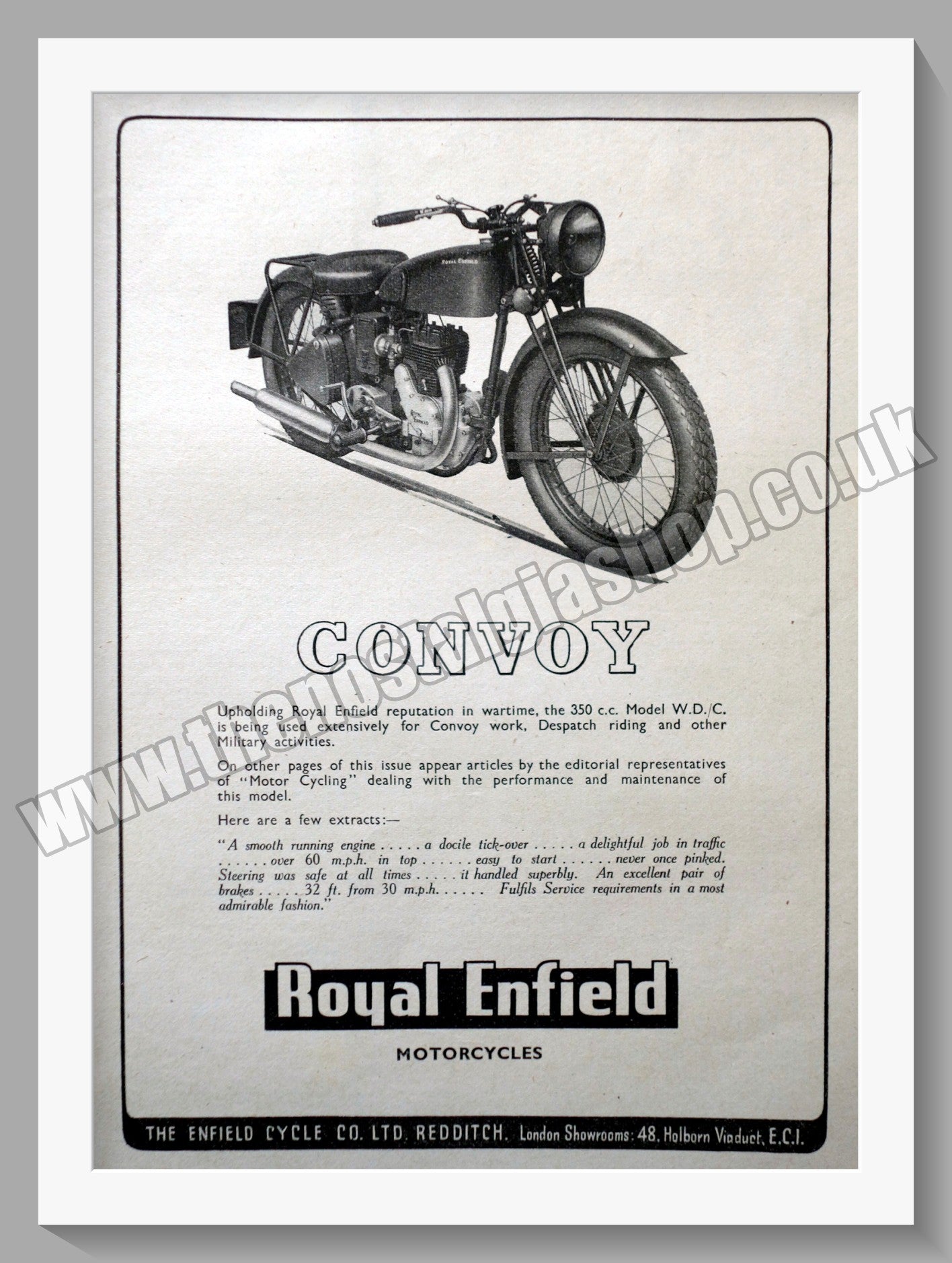 Royal Enfield 350cc Convoy Motorcycle. Original Advert 1940 (ref AD57016)