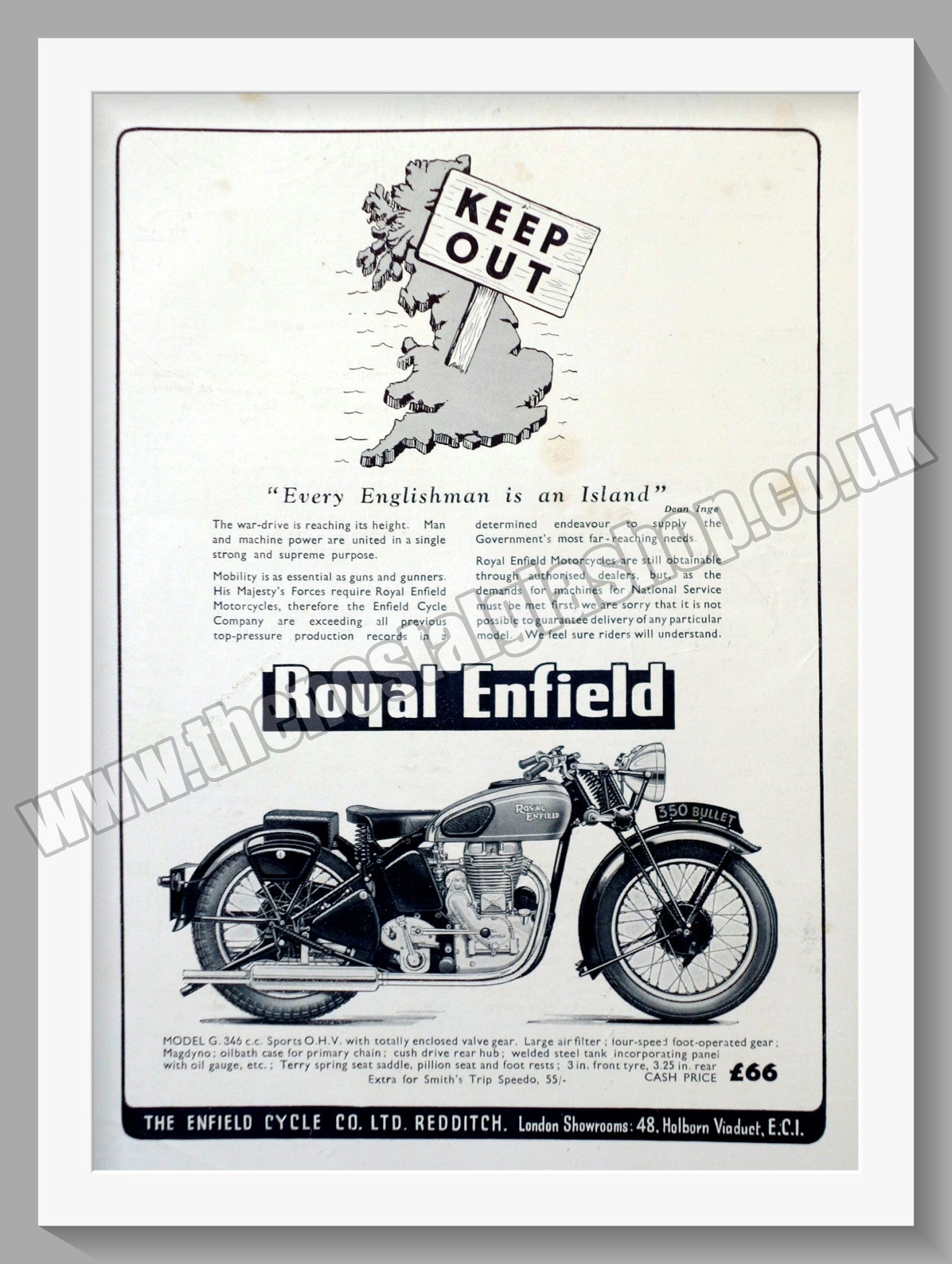 Royal Enfield 350 Bullet Motorcycle. Original Advert 1940 (ref AD57017)