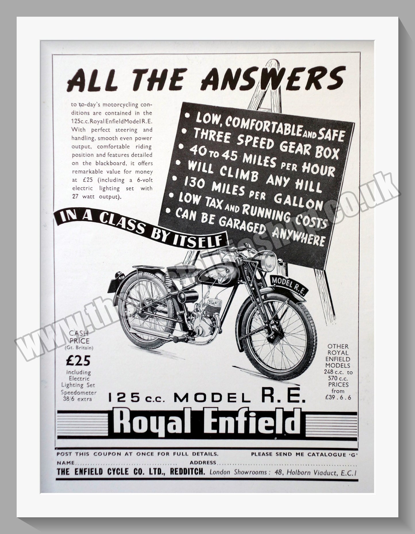 Royal Enfield 125cc R.E. Motorcycle. Original Advert 1940 (ref AD57020)