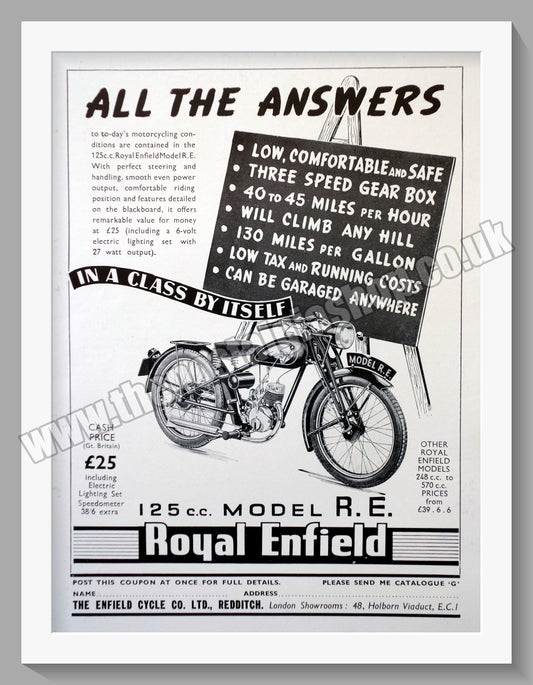 Royal Enfield 125cc R.E. Motorcycle. Original Advert 1940 (ref AD57020)