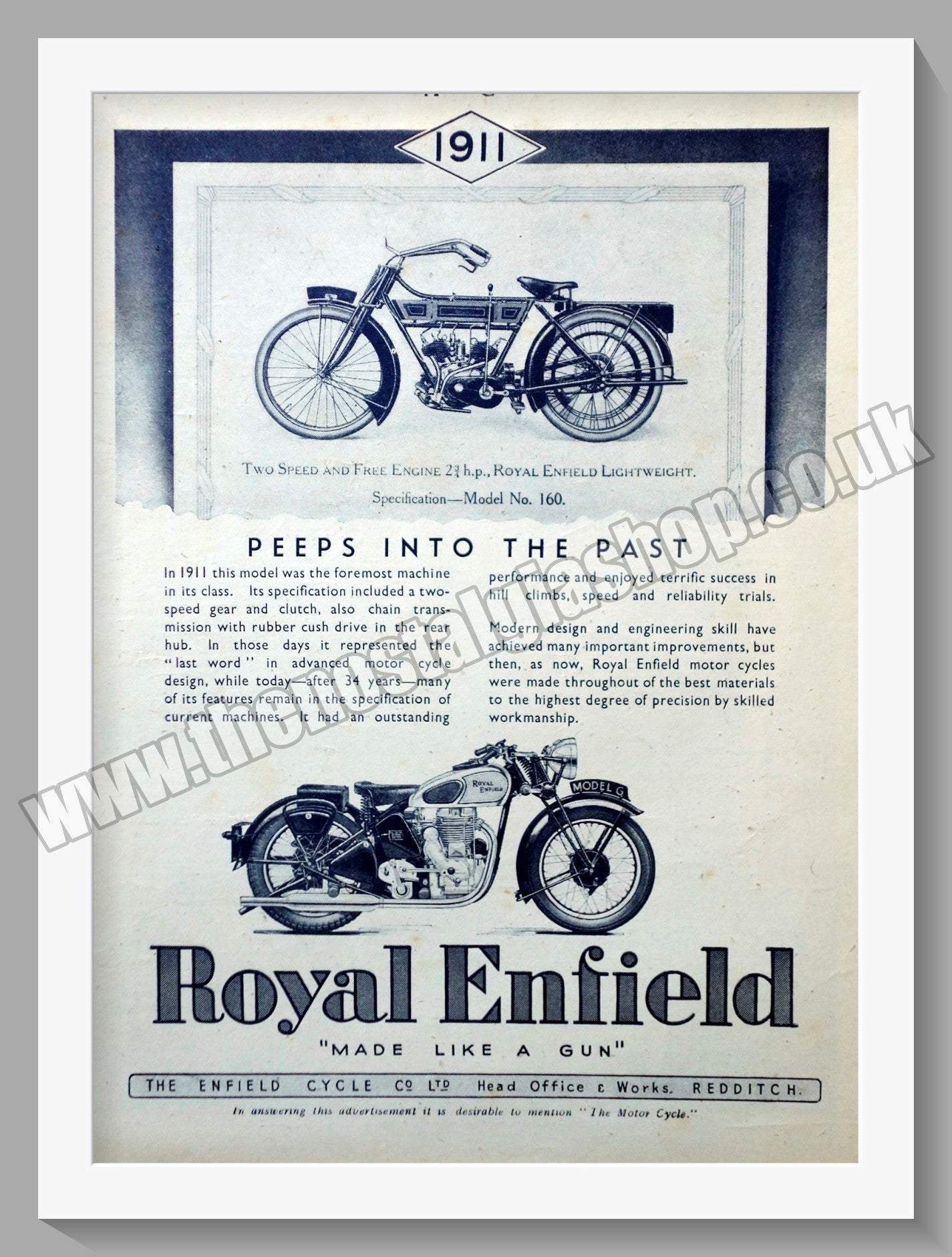 Royal Enfield Motorcycles. Looks to the Past, 1911. Original Advert 1945 (ref AD57023)