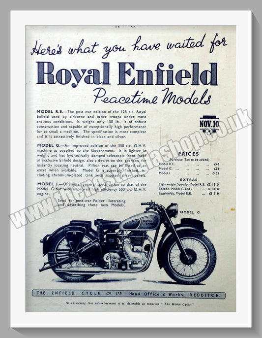 Royal Enfield Motorcycles. Peacetime Models. Original Advert 1945 (ref AD57045)