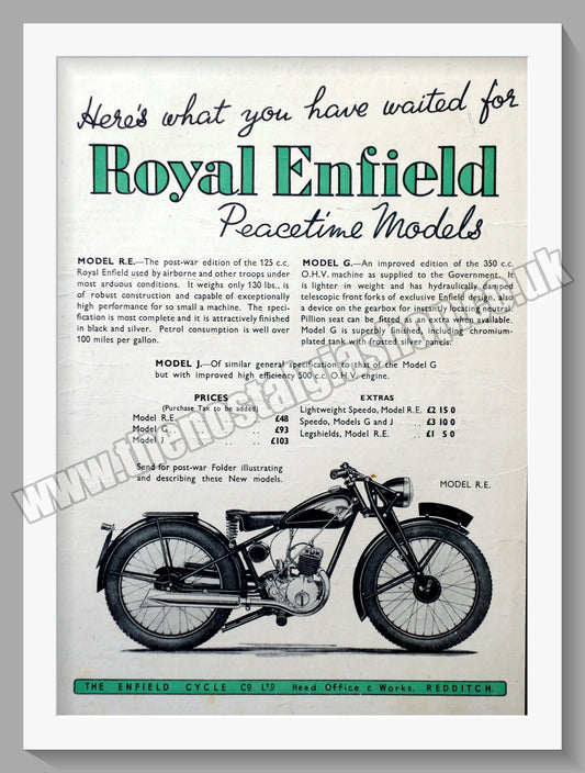 Royal Enfield Motorcycles. Peacetime Models. Original Advert 1945 (ref AD57046)