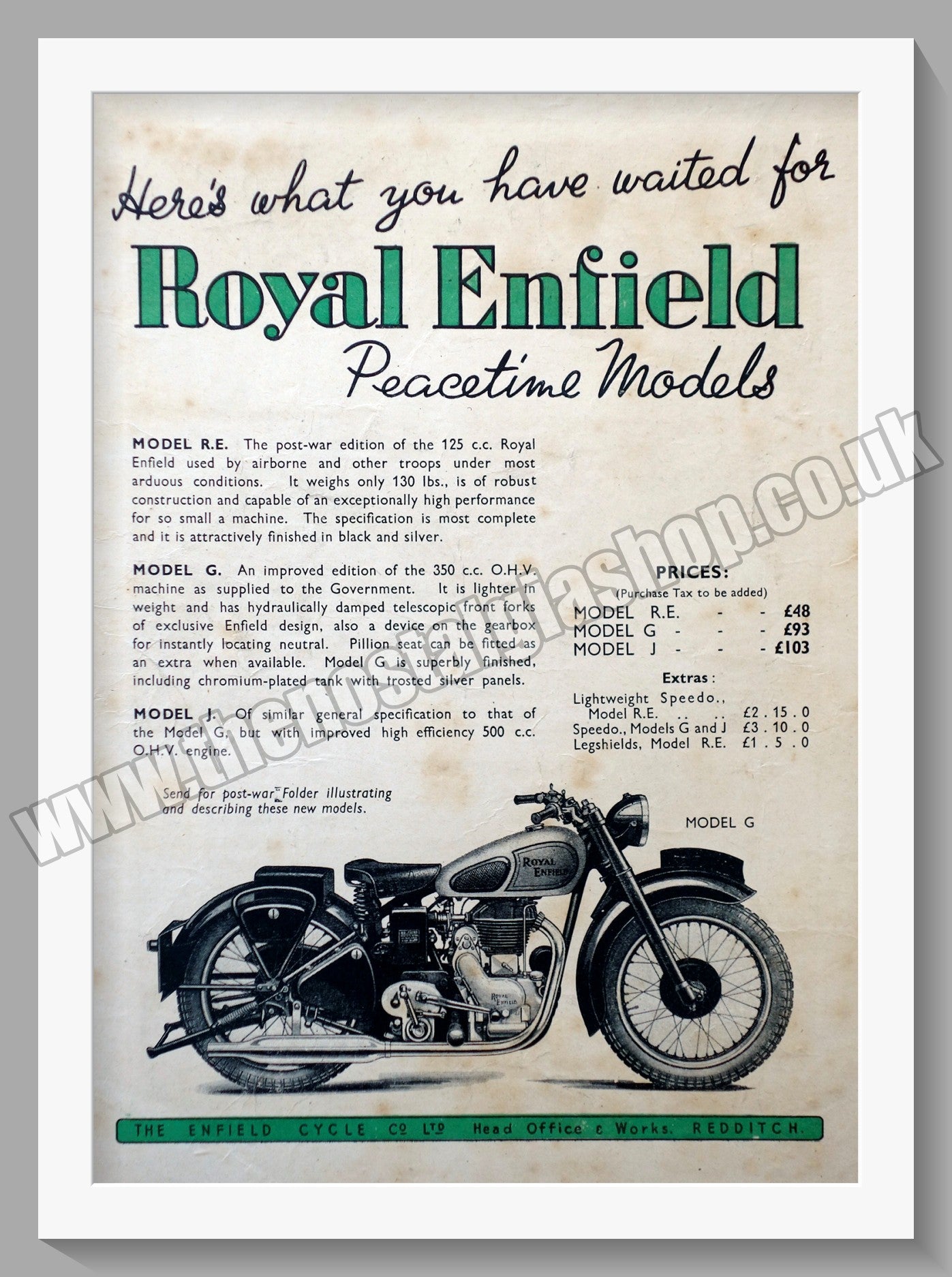 Royal Enfield Motorcycles. Peacetime Models. Original Advert 1945 (ref AD57047)