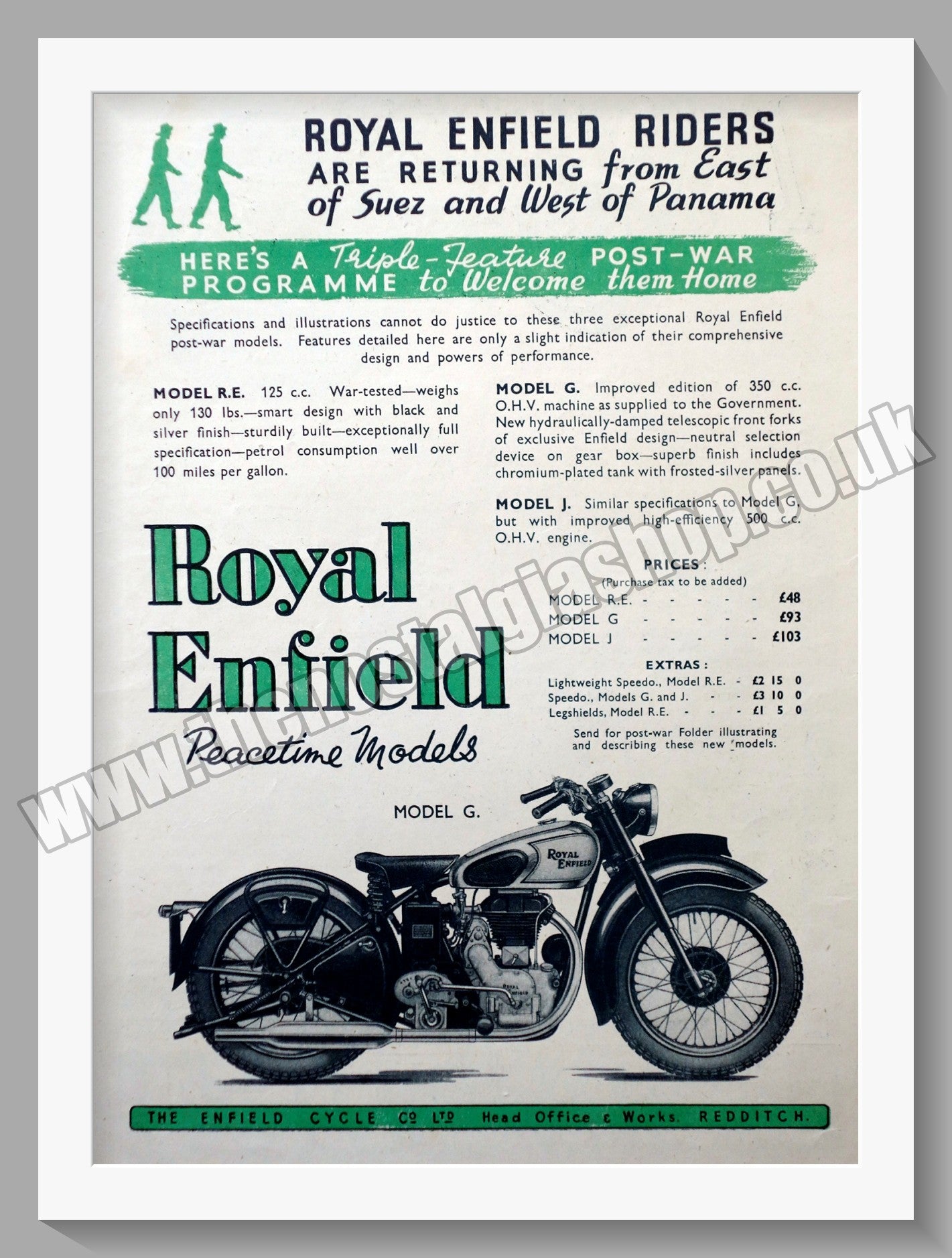 Royal Enfield Motorcycles. Peacetime Models. Model G. Original Advert 1945 (ref AD57048)