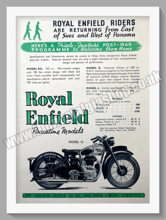 Royal Enfield Motorcycles. Peacetime Models. Model G. Original Advert 1945 (ref AD57048)