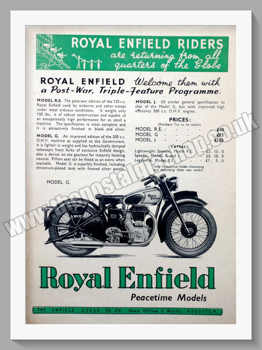 Royal Enfield Motorcycles. Peacetime Models. Model G. Original Advert 1945 (ref AD57049)