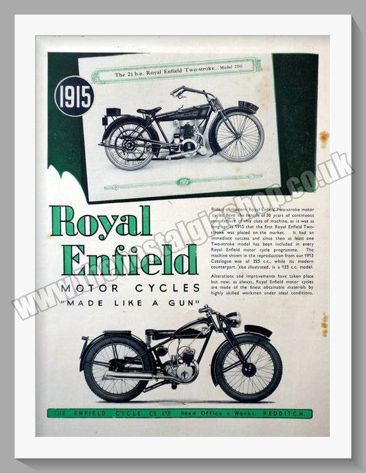 Royal Enfield Motorcycles. Looking Back to 1915. Original Advert 1945 (ref AD57051)
