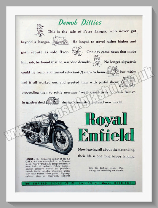 Royal Enfield Motorcycles. Demob Ditties. Peter Langer. Original Advert 1946 (ref AD57059)