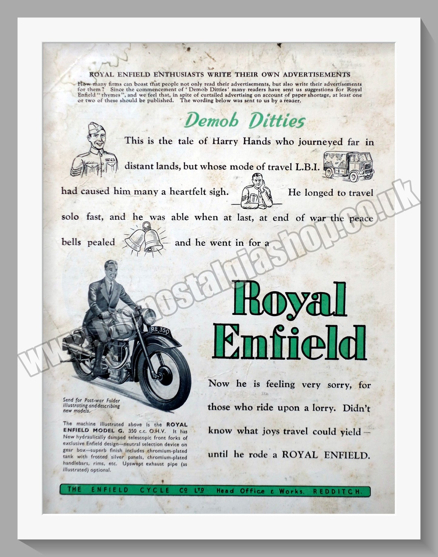 Royal Enfield Motorcycles. Demob Ditties. Harry Hands. Original Advert 1946 (ref AD57060)