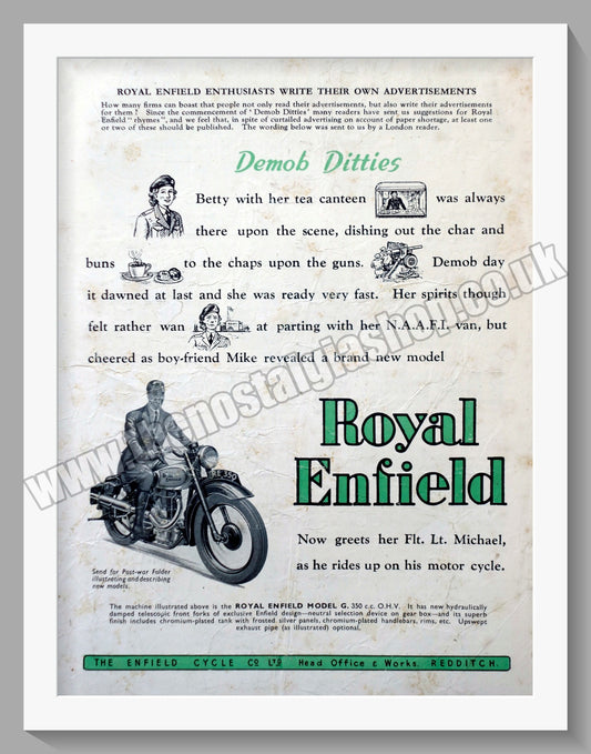 Royal Enfield Motorcycles. Demob Ditties. Betty's Tea Canteen . Original Advert 1946 (ref AD57061)