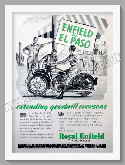 Royal Enfield Motorcycles In El Paso, Extending Goodwill Overseas. Original Advert 1948 (ref AD57082)