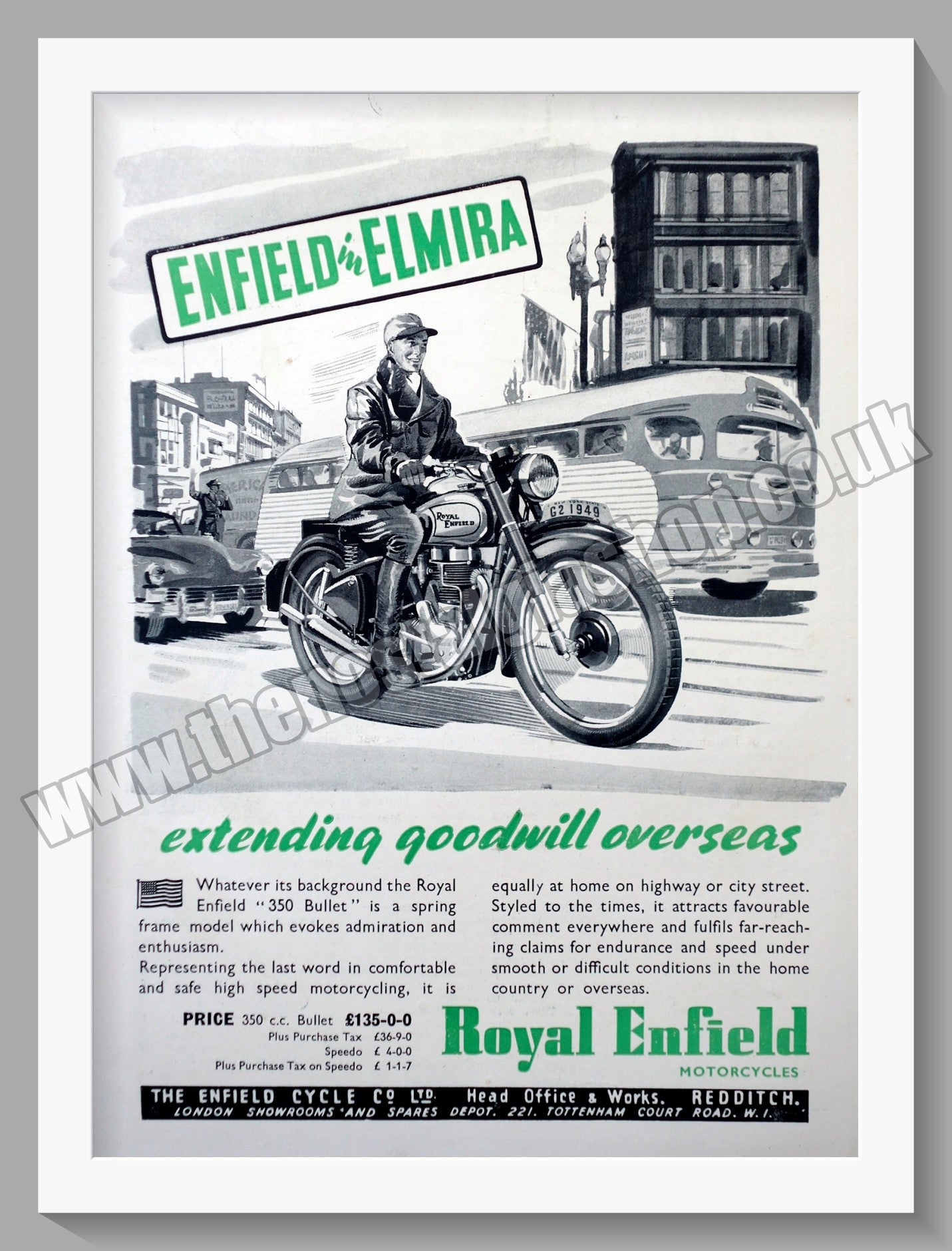 Royal Enfield Motorcycles In Elmira, Extending Goodwill Overseas. Original Advert 1949 (ref AD57083)