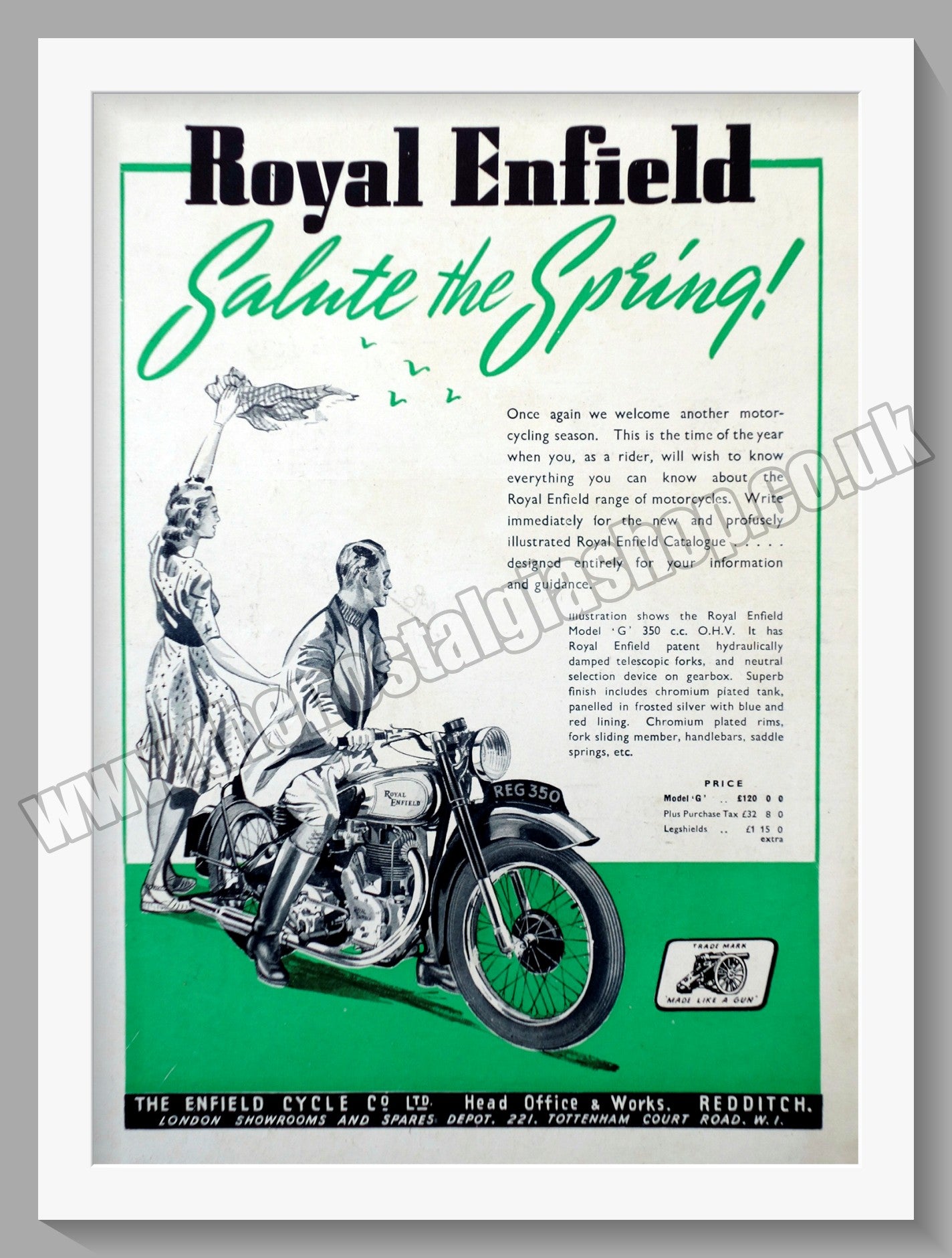 Royal Enfield Motorcycles. Salute The Spring. Original Advert 1950 (ref AD57085)