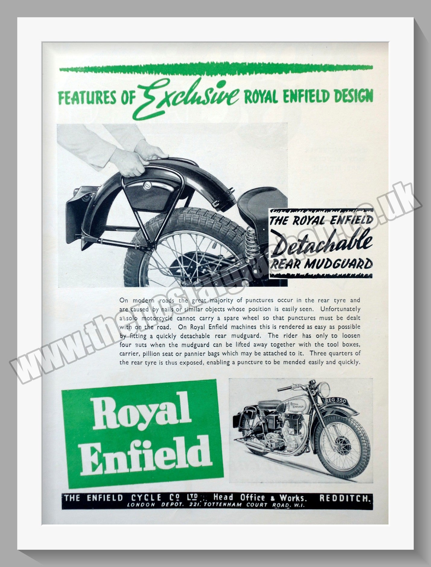 Royal Enfield Motorcycles. Detachable Rear Mudguard . Original Advert 1948 (ref AD57087)