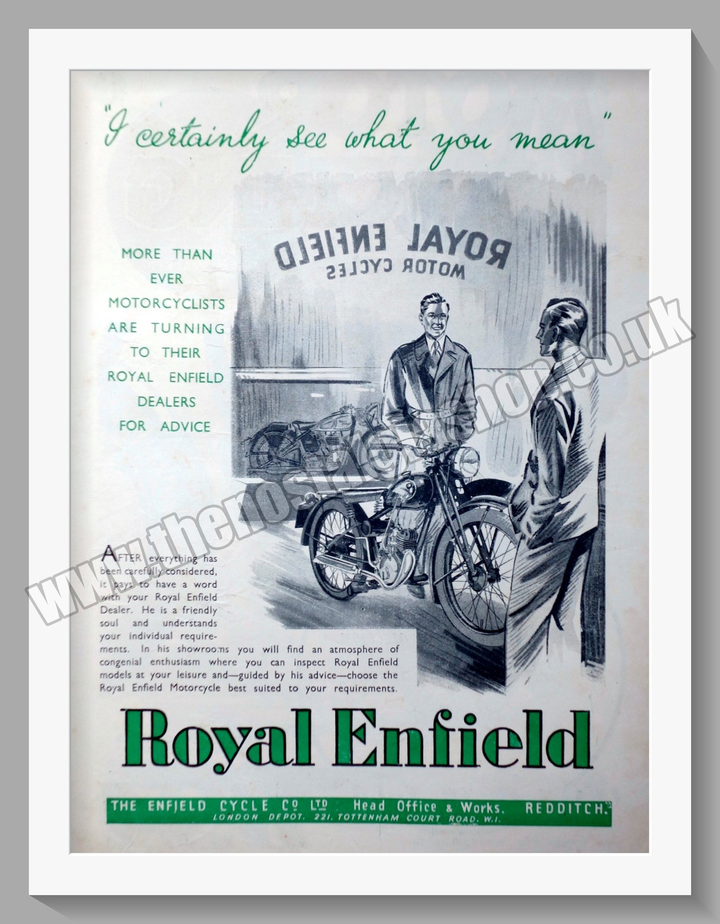 Royal Enfield Motorcycle Dealers. Original Advert 1947 (ref AD57090)