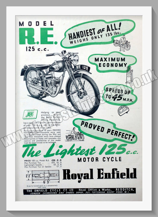 Royal Enfield Motorcycles 125cc Model R.E. Original Advert 1949 (ref AD57098)