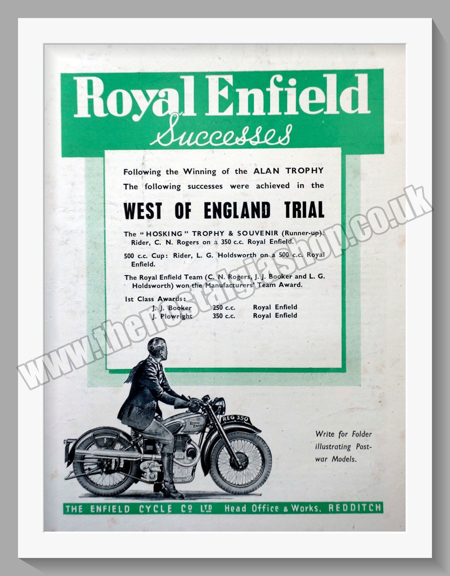 Royal Enfield Motorcycles West of England Trials. Original Advert 1946 (ref AD57100)