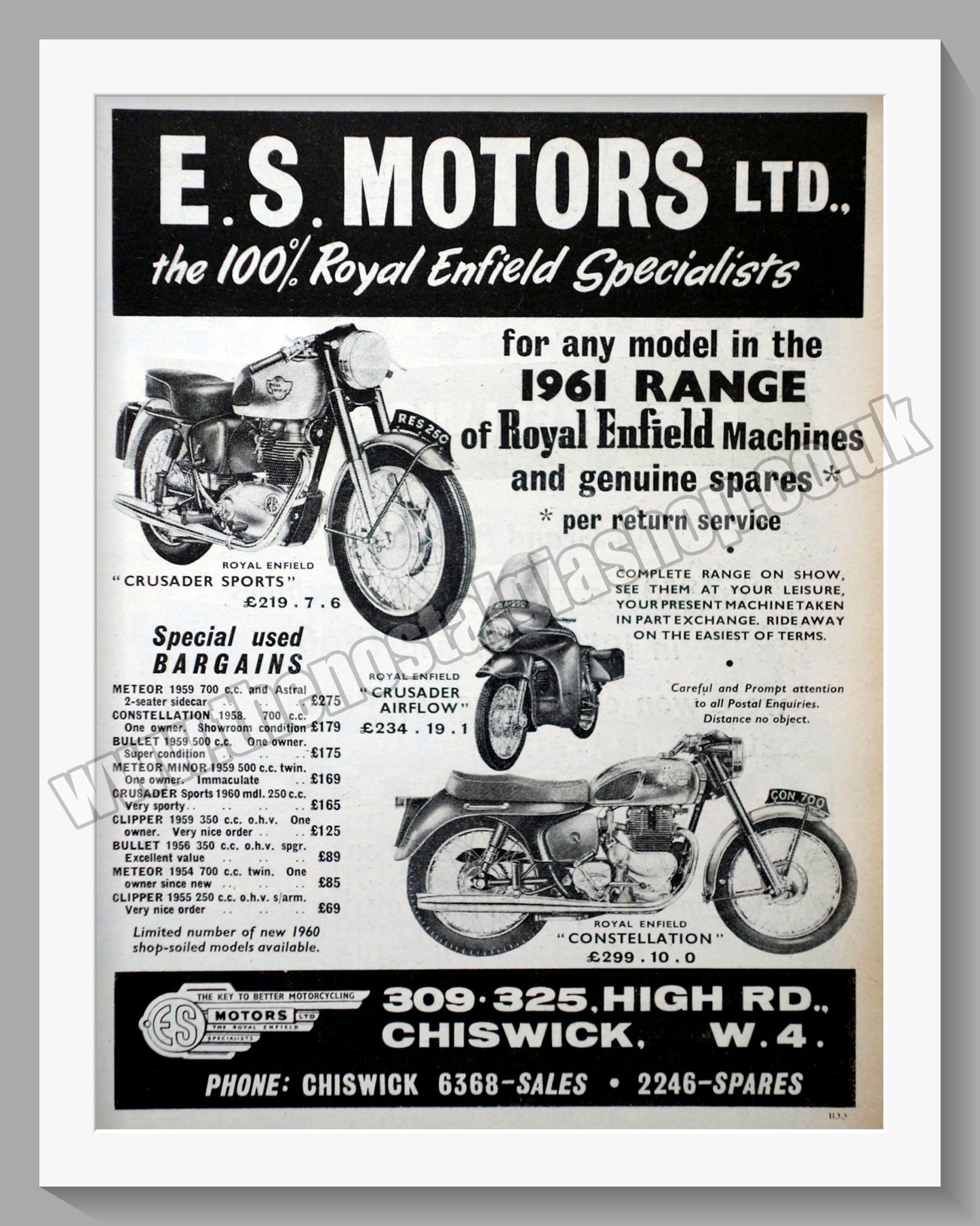 Royal Enfield Motorcycles at E.S. Motors Ltd. Original Advert 1960 (ref AD57162)