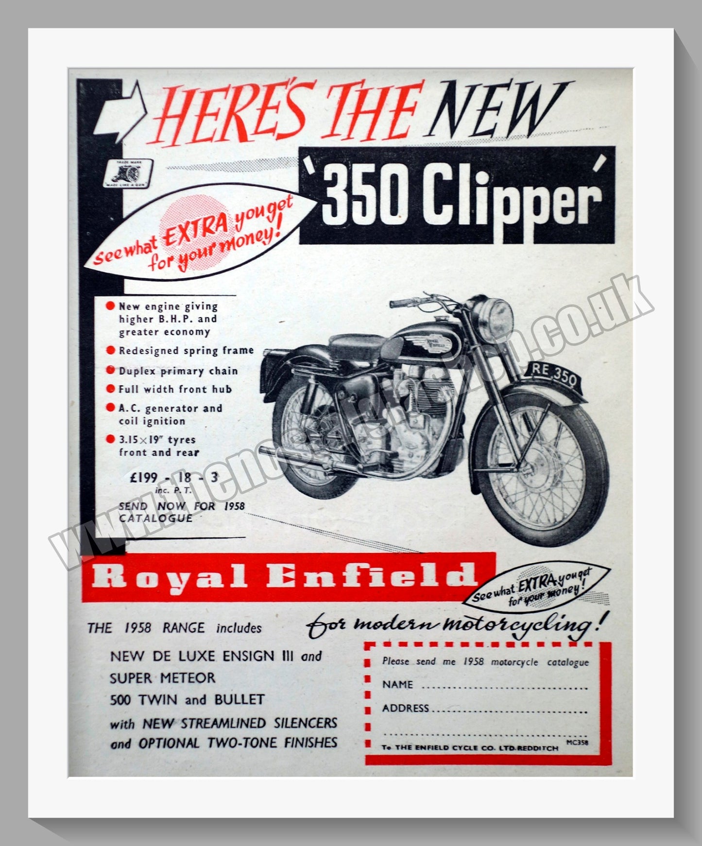 Royal Enfield 350 Clipper Motorcycle. Original Advert 1957 (ref AD57260)