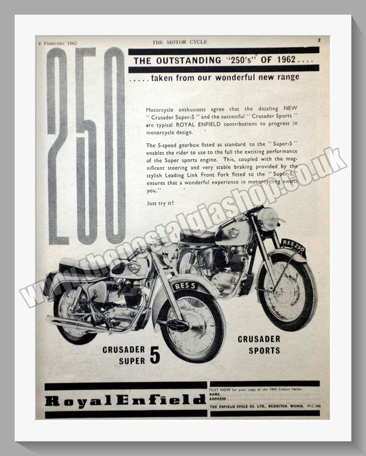 Royal Enfield 250cc Crusader Sports Motorcycle. Original Advert 1962 (ref AD57365)