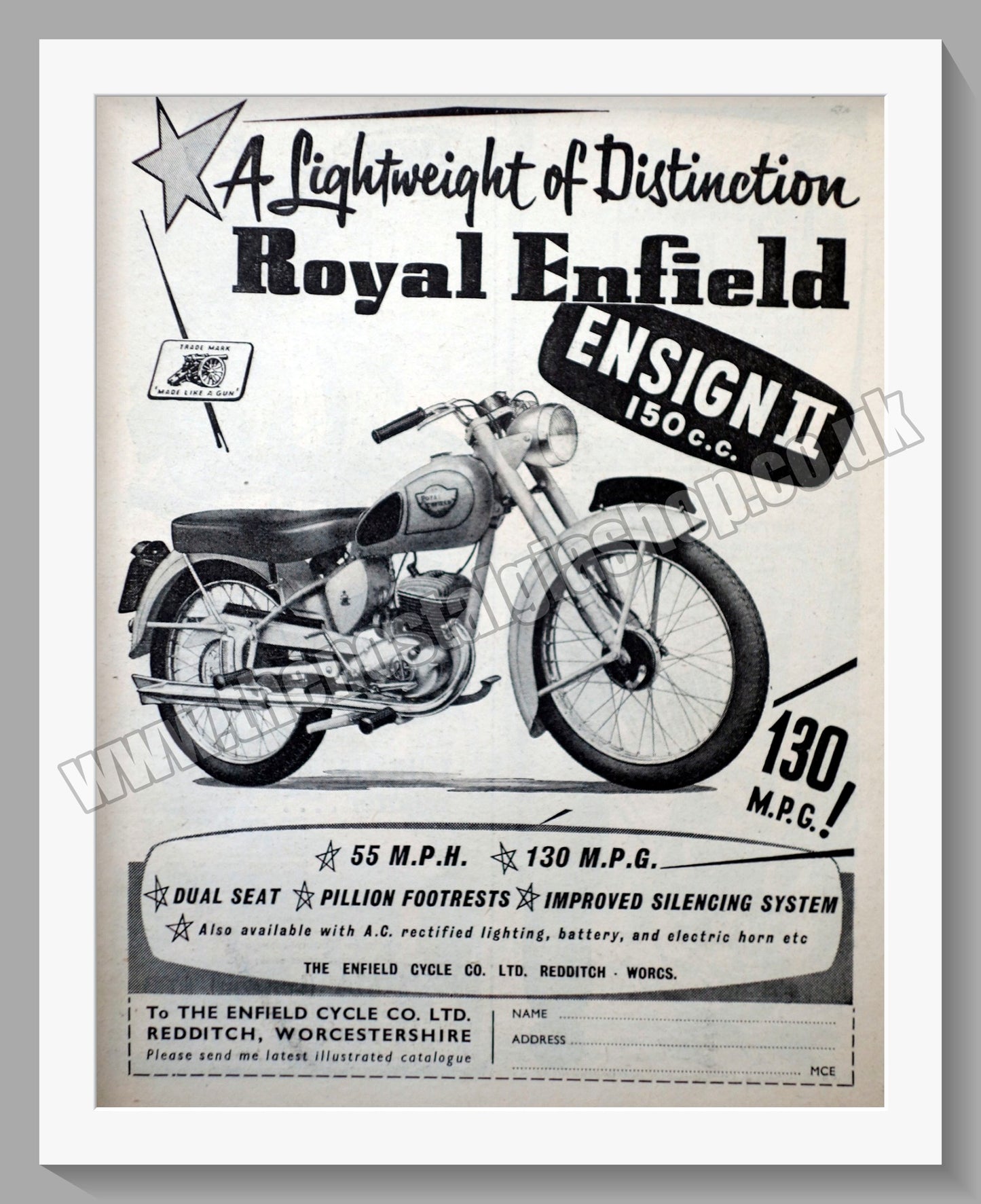 Royal Enfield 150cc Ensign II Motorcycle. Original Advert 1957 (ref AD57370)