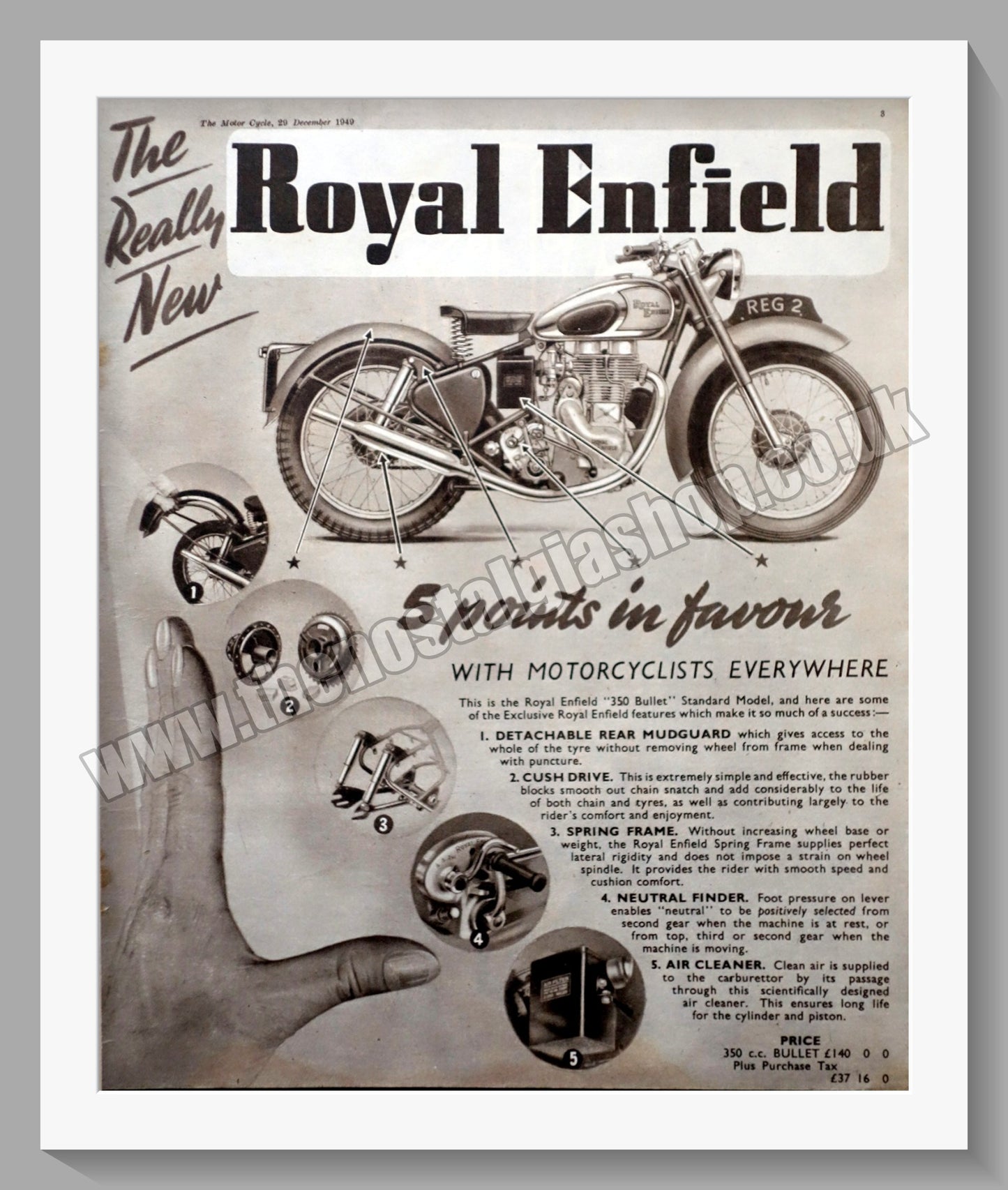 Royal Enfield 350 Bullet Motorcycle. Original Advert 1949 (ref AD57384)
