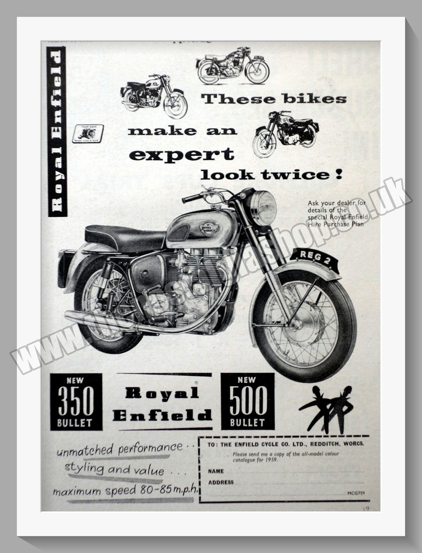 Royal Enfield 350 & 500 Bullet Motorcycle. Original Advert 1959 (ref AD57387)