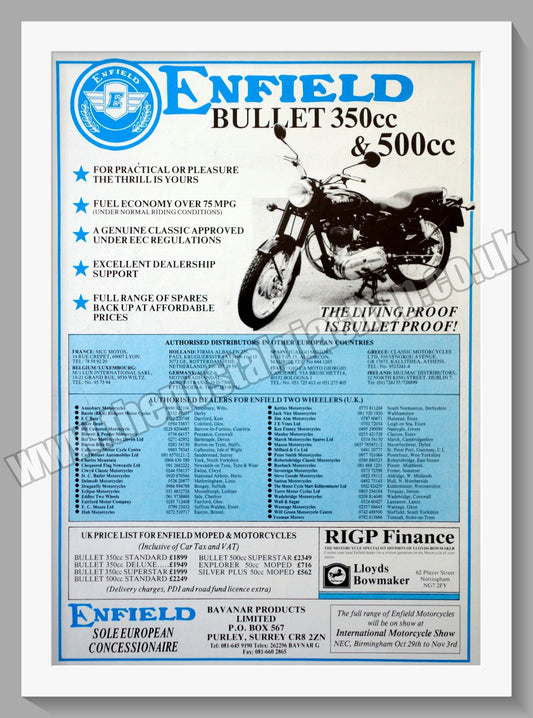 Royal Enfield 350 & 500 Bullet Motorcycle. Original Advert 1991 (ref AD57389)