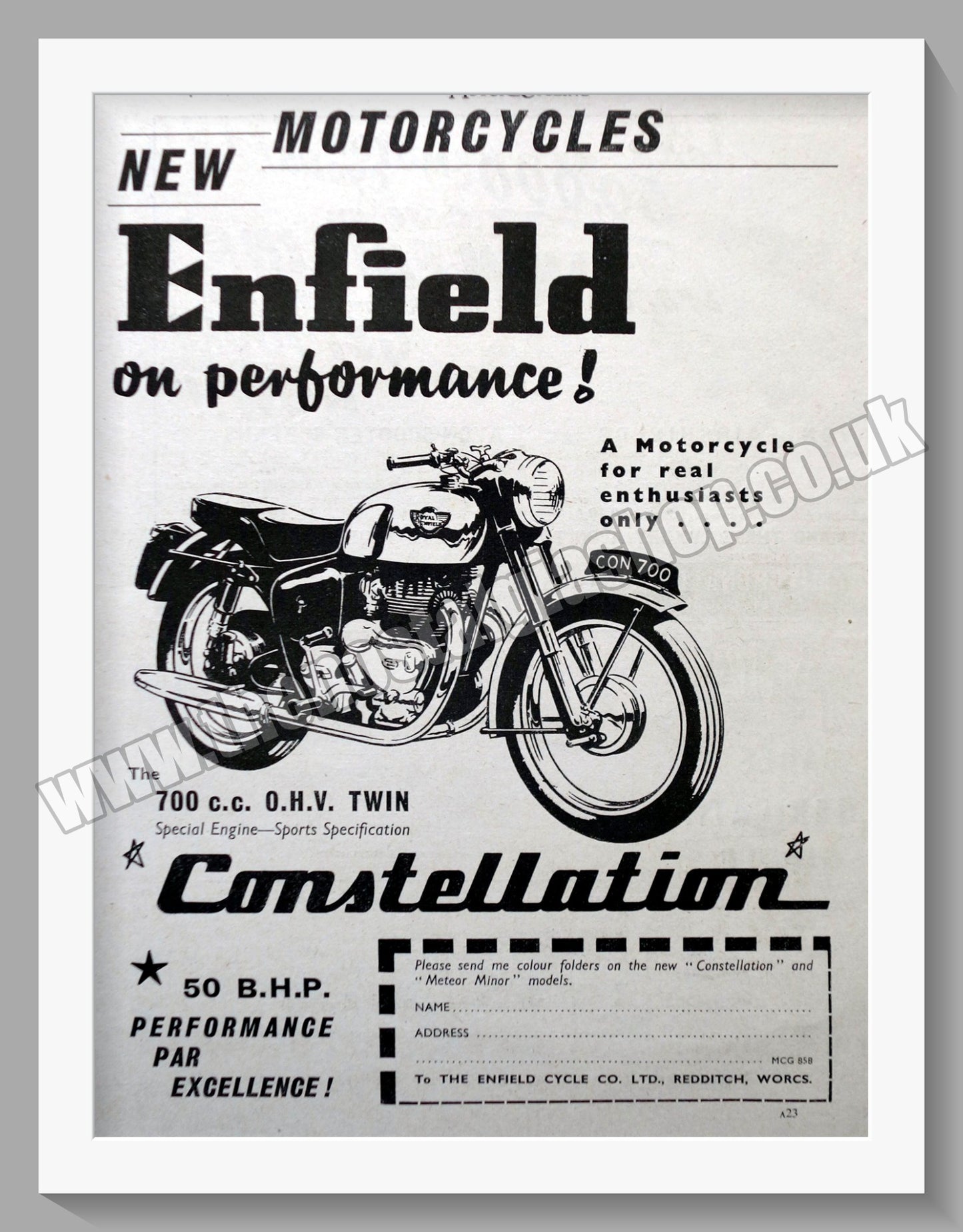 Royal Enfield Meteor Minor 500cc & 700cc Motorcycle. Original Double Advert 1958 (ref AD57487)