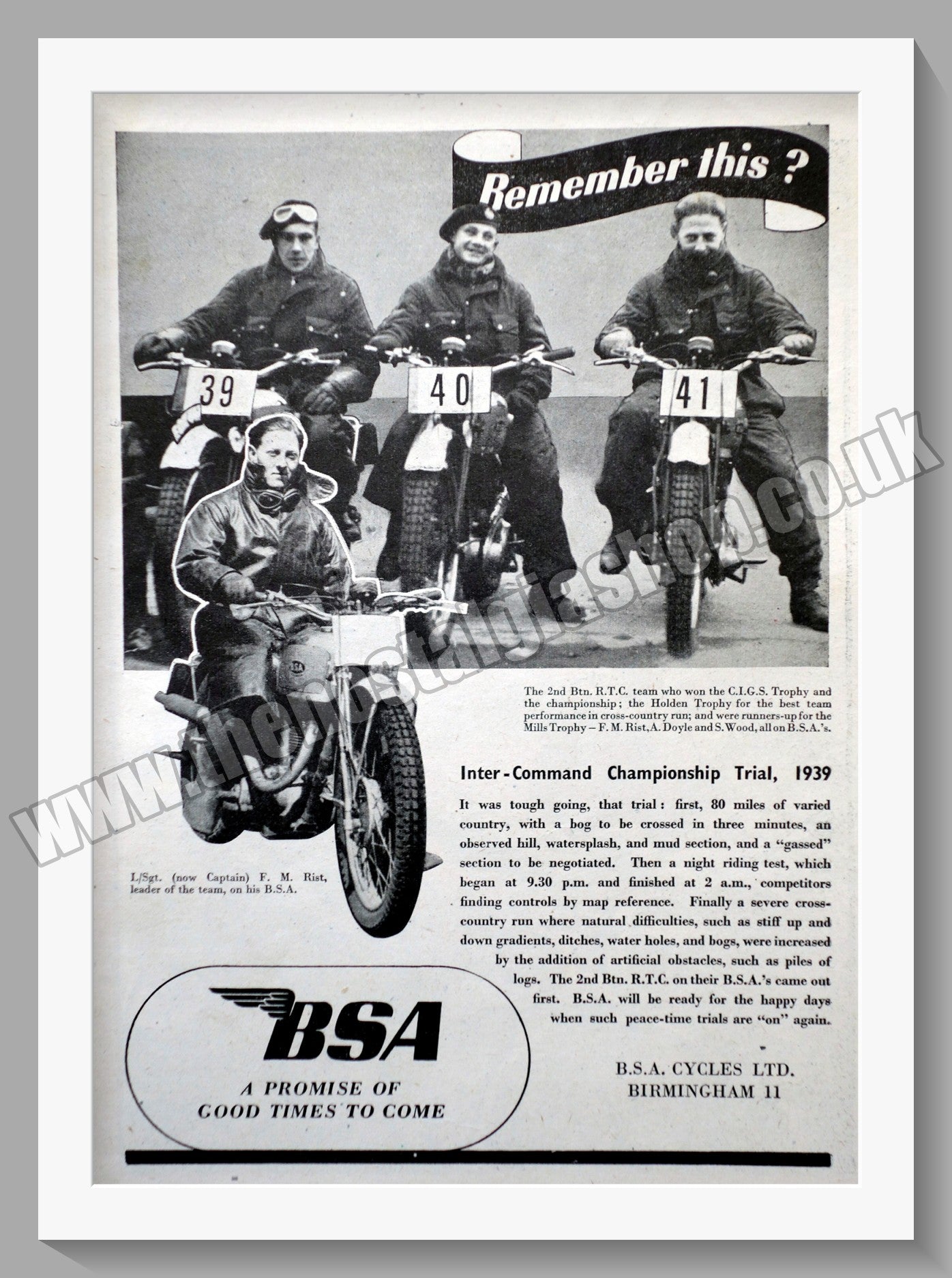 BSA Inter-Command Championship Trial. Original Advert 1941 (ref AD57108)