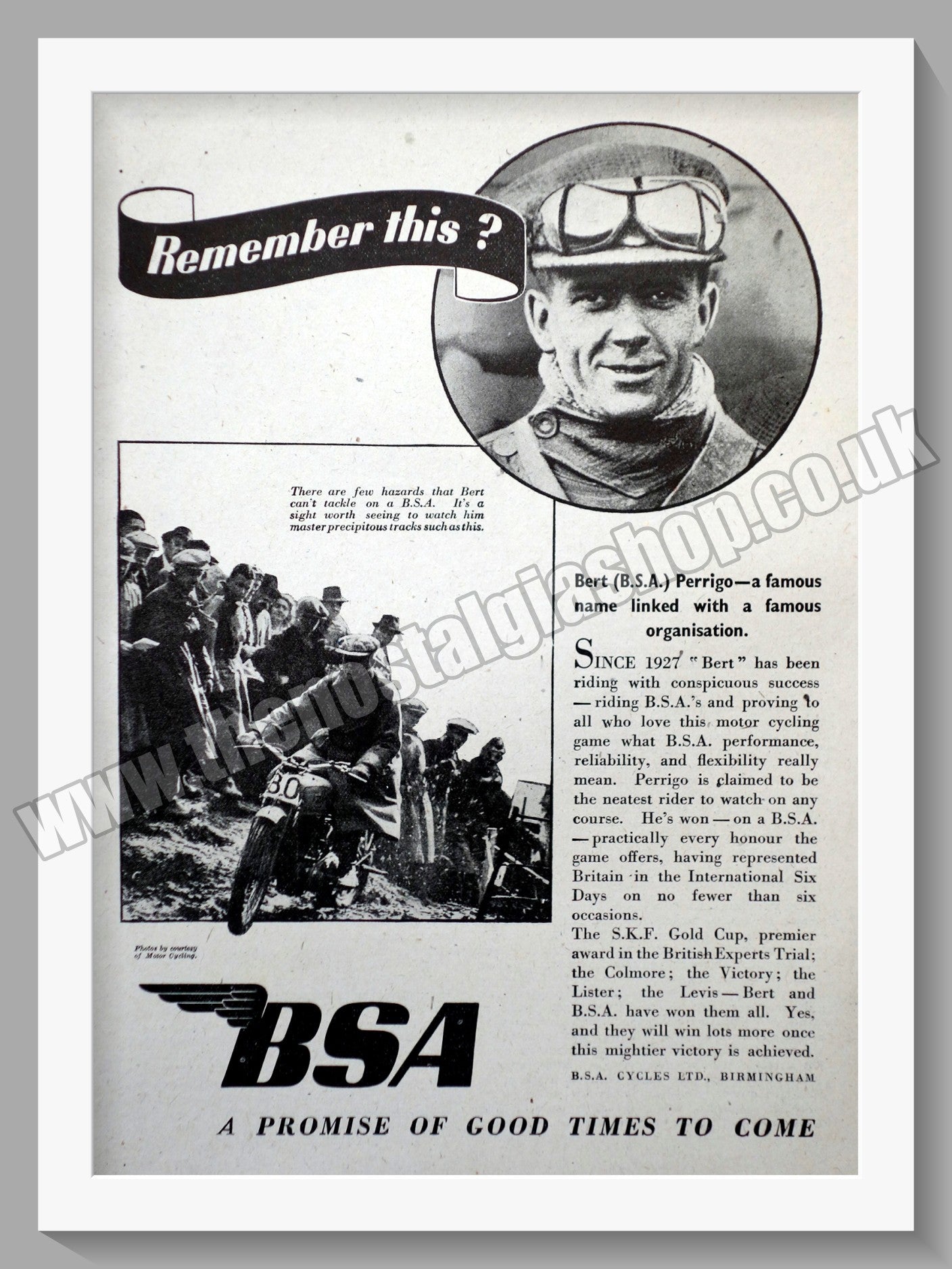 BSA Bert Perrigo Motorcycle Trial Rider. Original Advert 1941 (ref AD57110)
