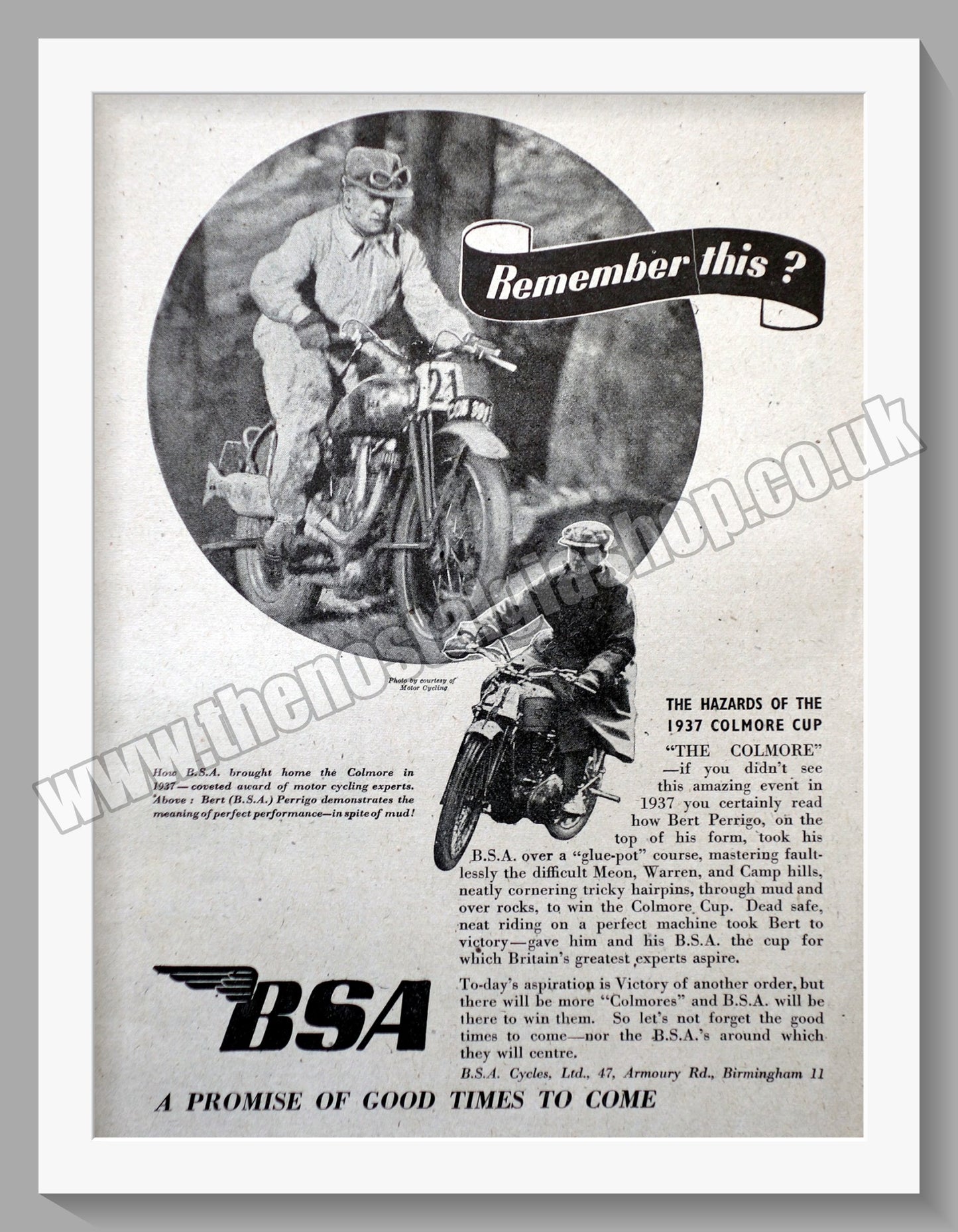 BSA 1937 Colmore Cup. Original Advert 1941 (ref AD57111)
