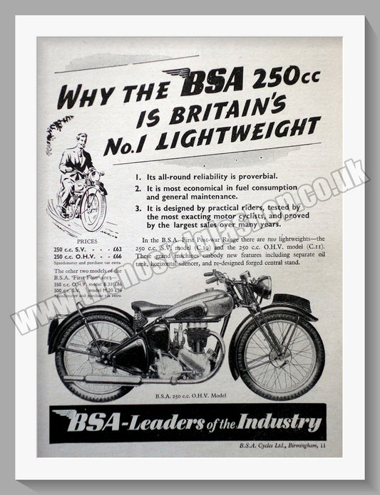 BSA 250cc O.H.V Motorcycle. Original Advert 1945 (ref AD57118)