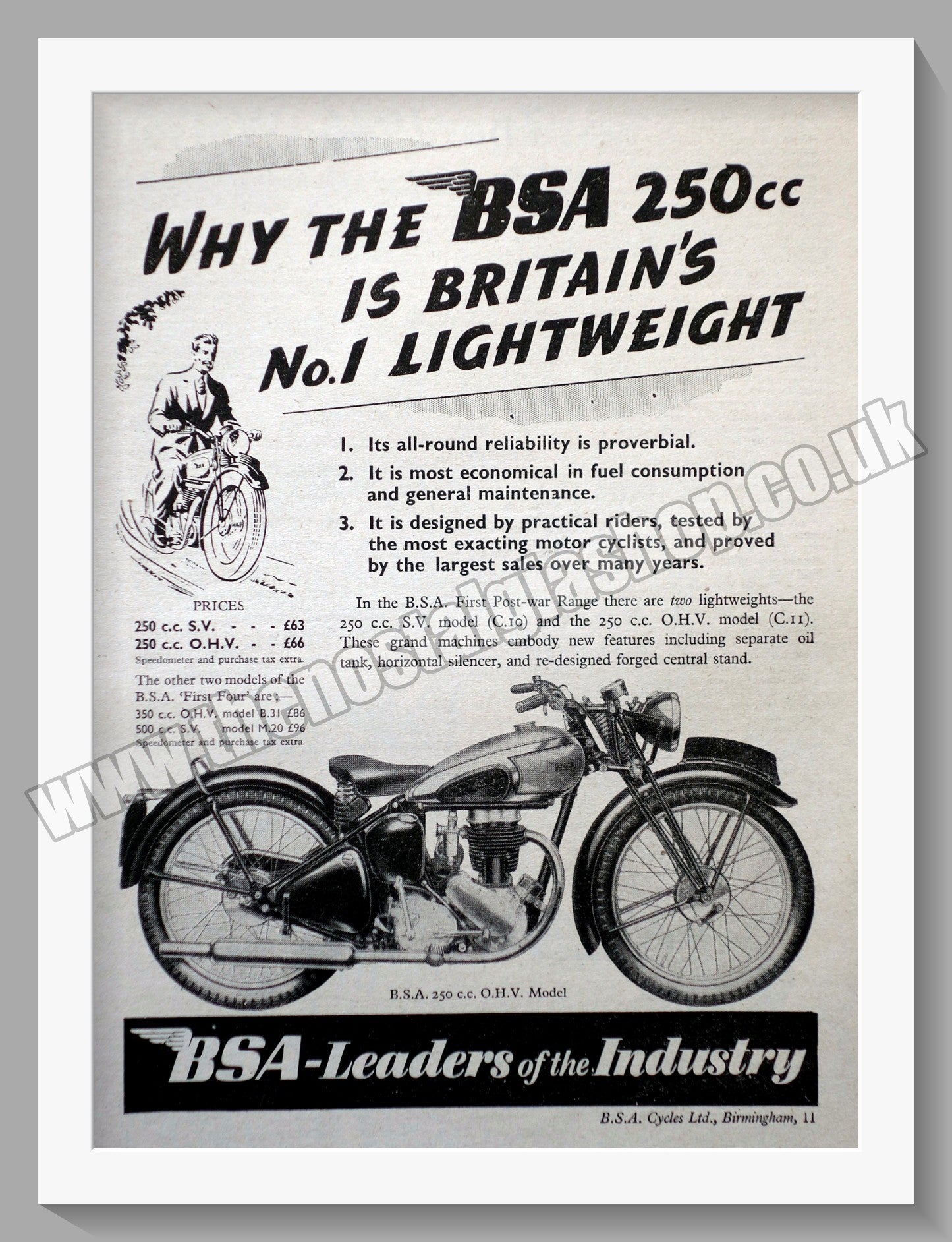 BSA 250cc O.H.V Motorcycle. Original Advert 1945 (ref AD57118)